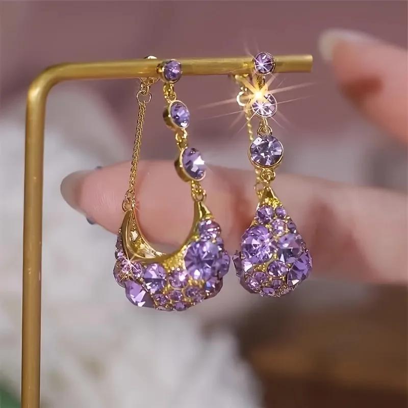 Lila Kristall Wassertropfen Lange Quastenohrringe Damen Design Funkelnde Abschlussball-Accessoires Party-Schmuck Geburtstags-Jubiläumsgeschenke gray