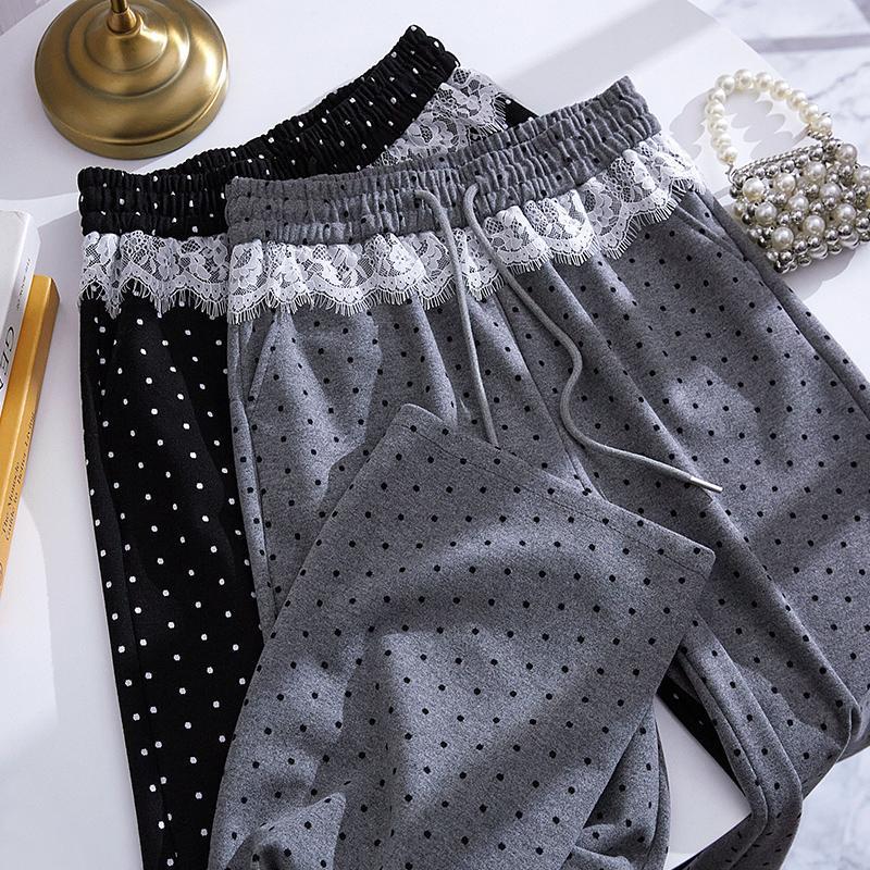Women's High Waist Polka Dot Wide Leg Pants with Lace Trim - 2025 Spring Collection