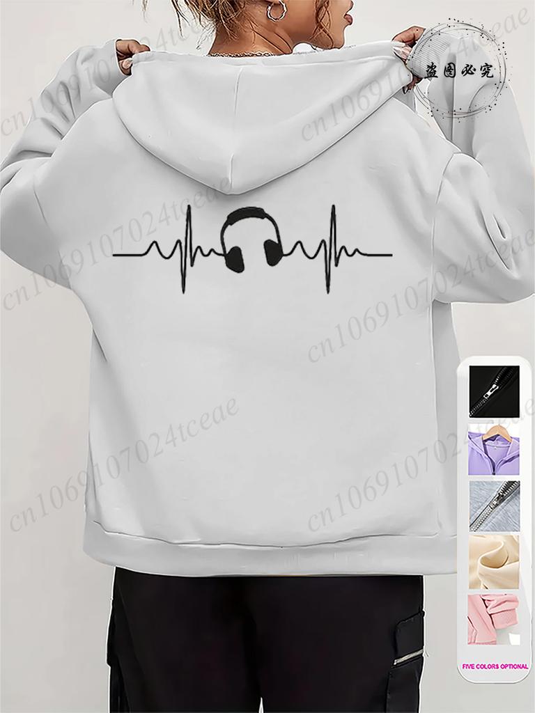 Men Women Fleece Hoodies Jackes Music Note Heartbeat Print Hoodie Zipper Jacket Male Hoodies Sweatshirt Music Zip Coats Clothes