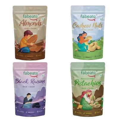 Fabeato Premium Dry Fruits and Nuts Combo (4 X 200 G) Almonds, Cashews, Pistachios, Seedless Black Raisins