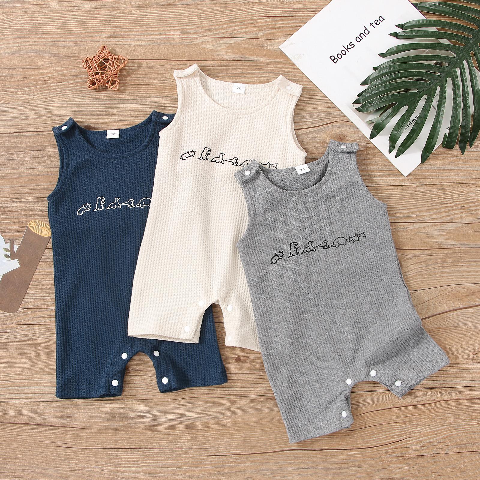 

Cool Baby Boy Romper, Без рукавов Круглая шея Динозавр Печатные пуговицы Короткие брюки Боди для лета, Детская одежда
