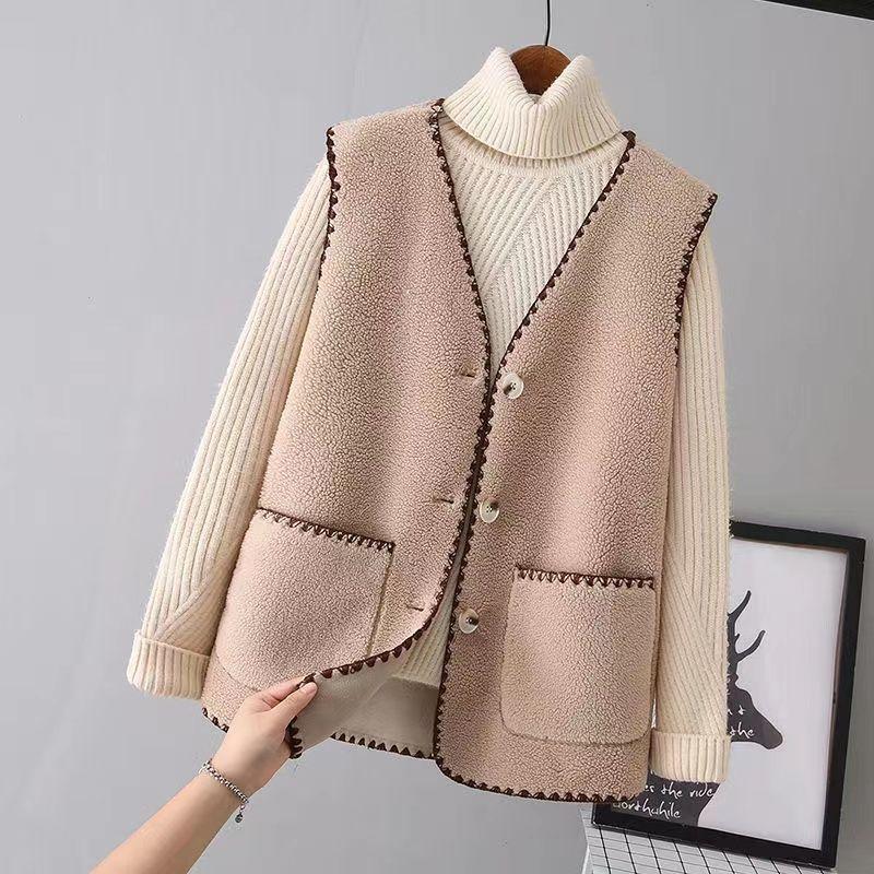 Vests New Spring Autumn Women Button Waistcoat Lamb Hair Winter Thermal Warm Thick Fleece Vests Sleeveless Jacket Ladies Coats