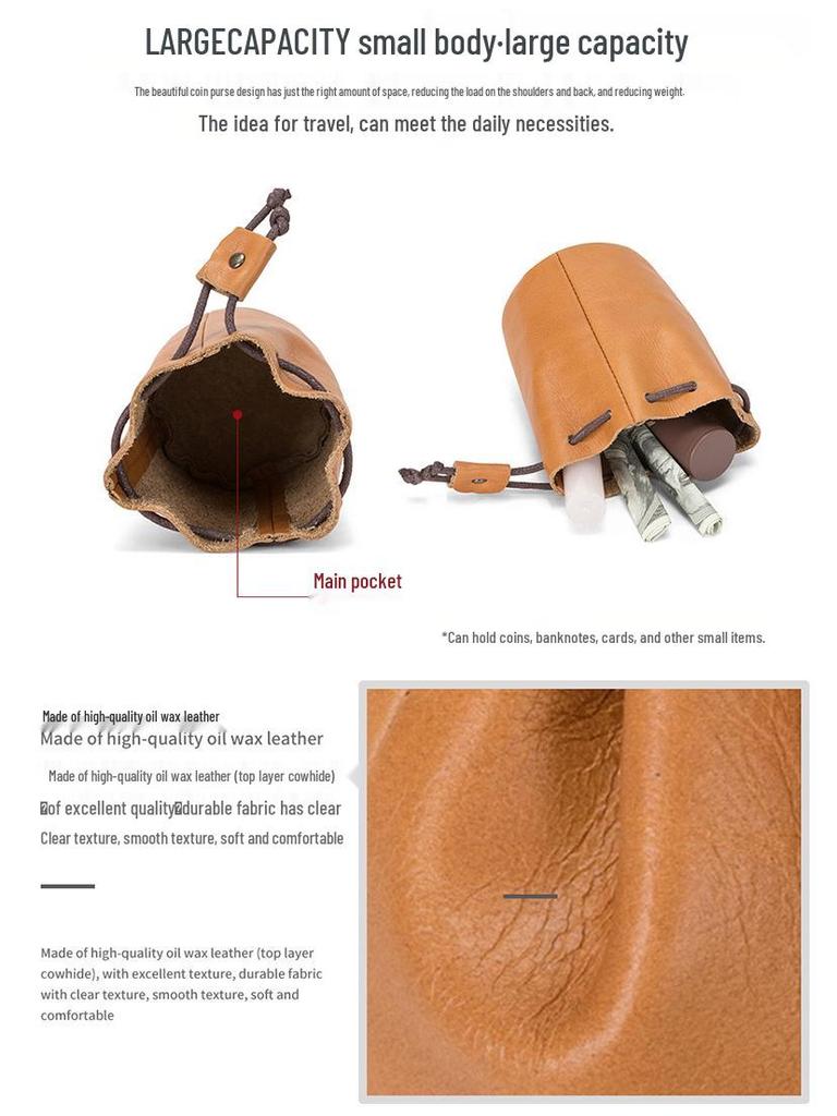 Vintage Leder-Münzbörse - Obernarben-Rindsleder, Kleine Geldbörse, Lippenstift-Aufbewahrung mit Kordelzugverschluss