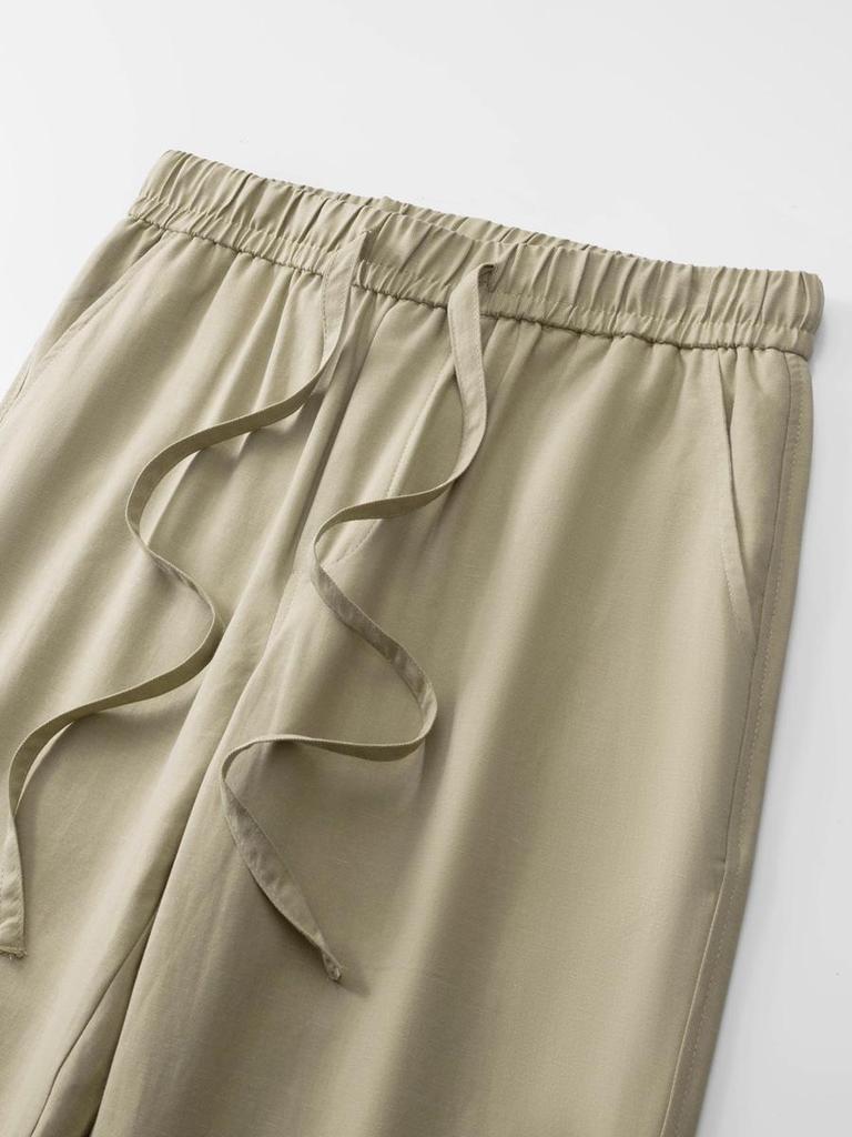 Men's Summer Lightweight Cotton-Linen Trousers with Elastic Waist and Straight Leg