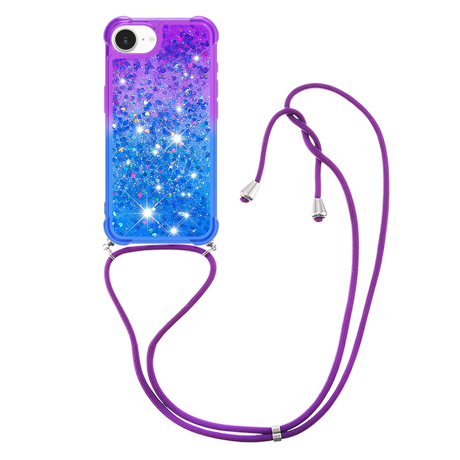 

For iPhone 16e Phone Case Gradient Quicksand TPU Back Cover with Long Strap Purple/Blue