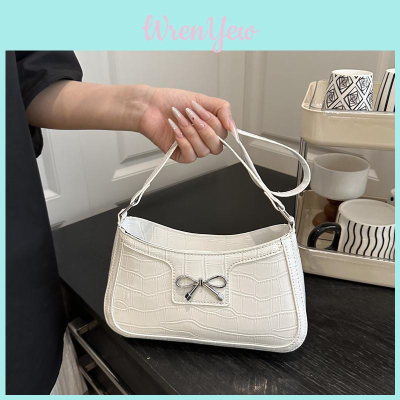 Simple Solid Color Bow Decoration Crocodile Texture Women Casual Shoulder Bag For Daily Use