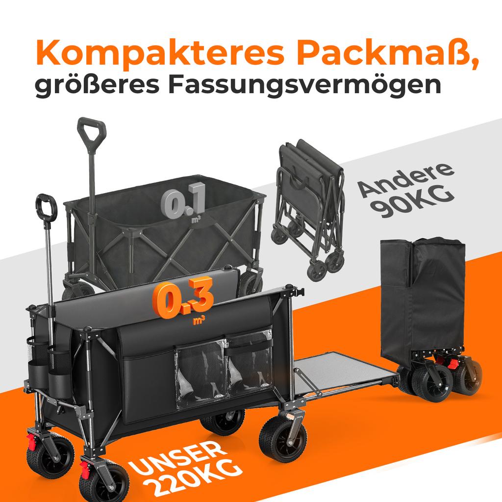 200L+100L Foldable Wagon & Tailgate, 140cm, Extra Wide 17x10 cm All-Terrain Wheels Hand Cart, Ideal for Garden, Shopping, Beach, Outdoor Use (Black)