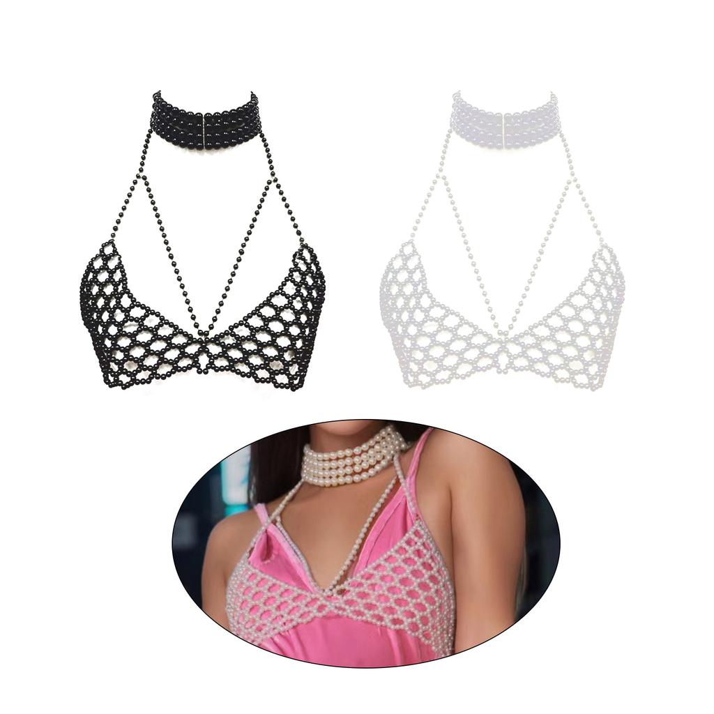 Elegant Pearls Bra Body Jewelry Chain Adjustable Chest Bead Decoration Portable for Women Beach Fashion Accessory