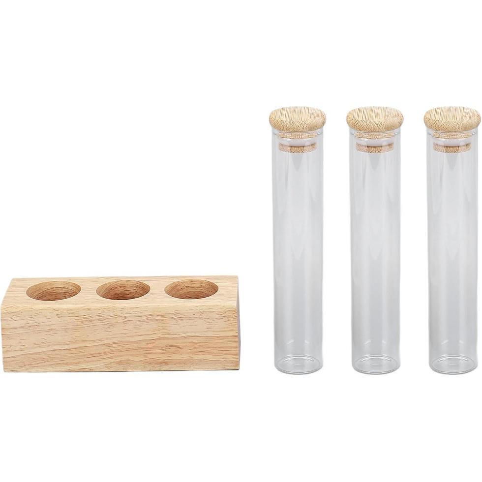 Asixxsix Coffee Bean Jars Canisters, Glass Tubes Single Dose Coffee Bean Storage with Wooden Display Stand & Airtight Lids, Coffee Bean Cellar
