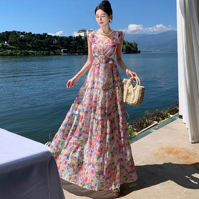 Women's Summer Floral Seaside Holiday Tie Long Dresses