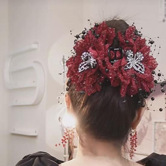 Peony Feather Tassel Hair Claw Women Girls High Cap Bone Design Hairpin Sturdy Shark Clip Hair Accessory
