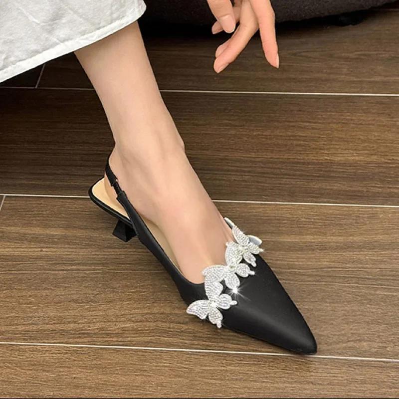 Hot Selling Women Crystal High Heels Sandals Shoes Butterfly Pointed Toe Slippers 2025 New Summer Elegant  Brand Shoes Mujer
