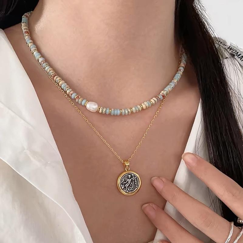 Halskette aus Shoushan-Stein, Schlüsselbeinkette aus natürlicher Schlangenhaut-Abakus-Perle, schlichte literarische und High-End-Halskette aus Süßwasserperlen im Retro-Stil