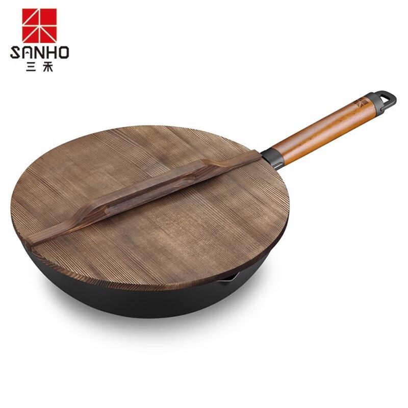 Sanhe 30cm Rust-Resistant Iron Wok with Solid Wood Lid