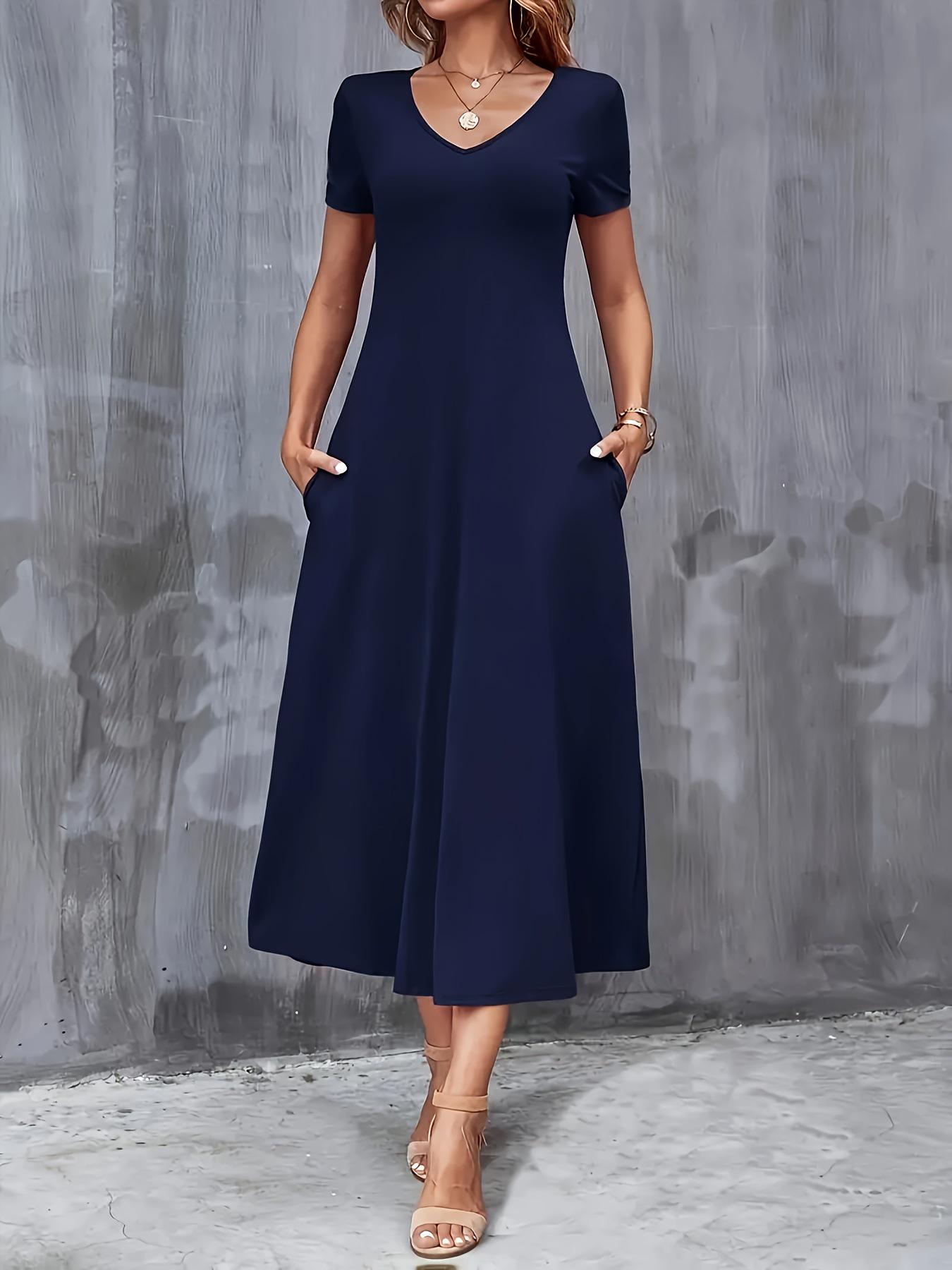 

Жіноча літня сукня з V-подібним вирізом та короткими рукавами з кишенями L темно-синього кольору