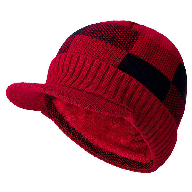 High Quality Fur Add Cotton Lined Brim Winter Hats Casual Beanies Hat For Men Square Block Design Wool Knitted Hat