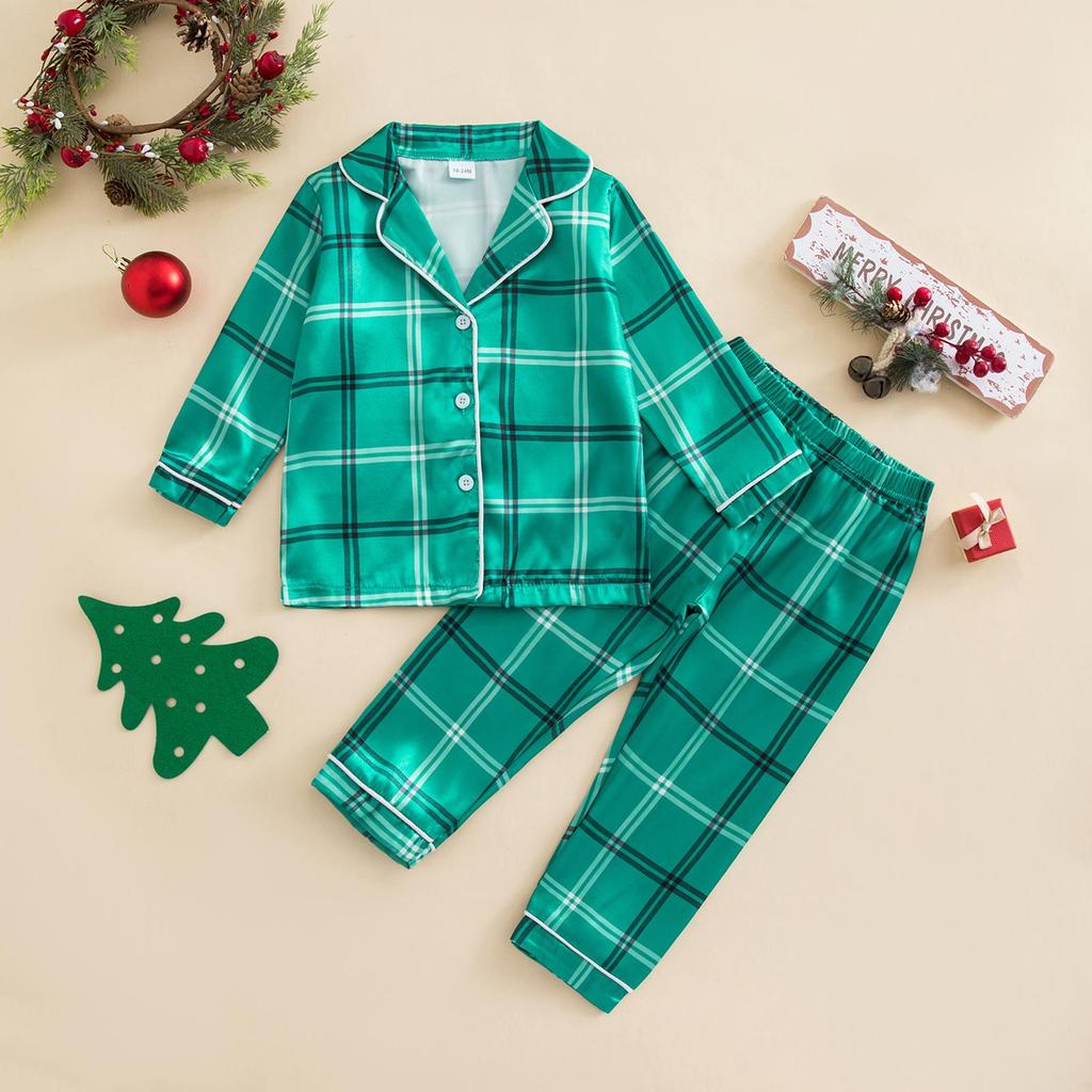 2025 Christmas Plaid Pajama Set for Family: Cartoon Lapel Top + Pants Two-Piece Set for Men, Women, and Children