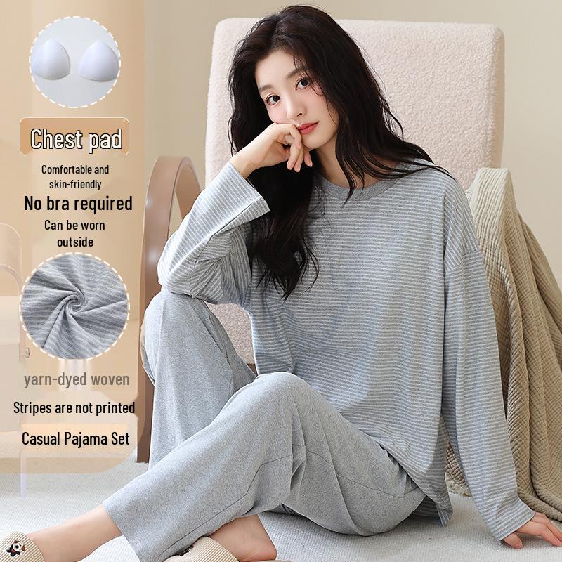 Pyjama d'automne pour femme à col rond rayé à manches longues avec coussinets de poitrine - Ensemble décontracté grande taille pour la maison et l'extérieur