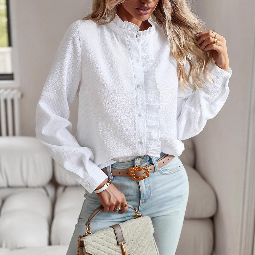 Cardigan Européen & Américain à Col Montant, Manches Bouffantes à Volants - Haut Uni à Manches Longues pour Femmes pour le Printemps & l'Automne