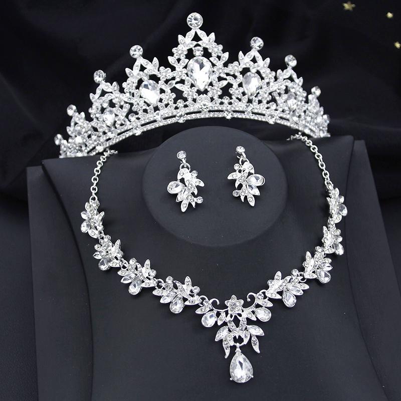 Gorgeous Princess Purple Crystal Bridal Jewelry Sets for Women Tiaras Crown Bride Earrings Wedding Necklace Jewelry Set