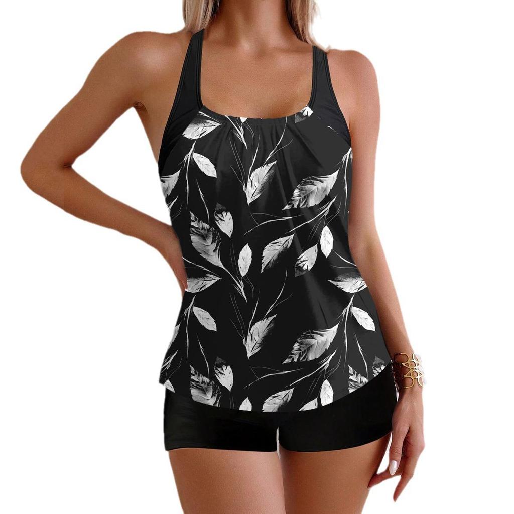 2024 Women's Slimming Split Swimsuit: European & American Style, Sleeveless, Printed, Flat-Leg Shorts, Tankini.