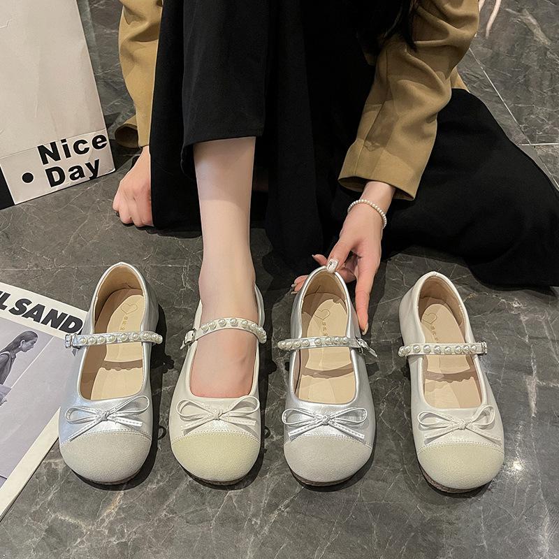 French Mary Jane Shoes Women's Autumn Design Pearl One-word Strap High Heels Ballet Baotou Sandals Light Mouth Single Shoes