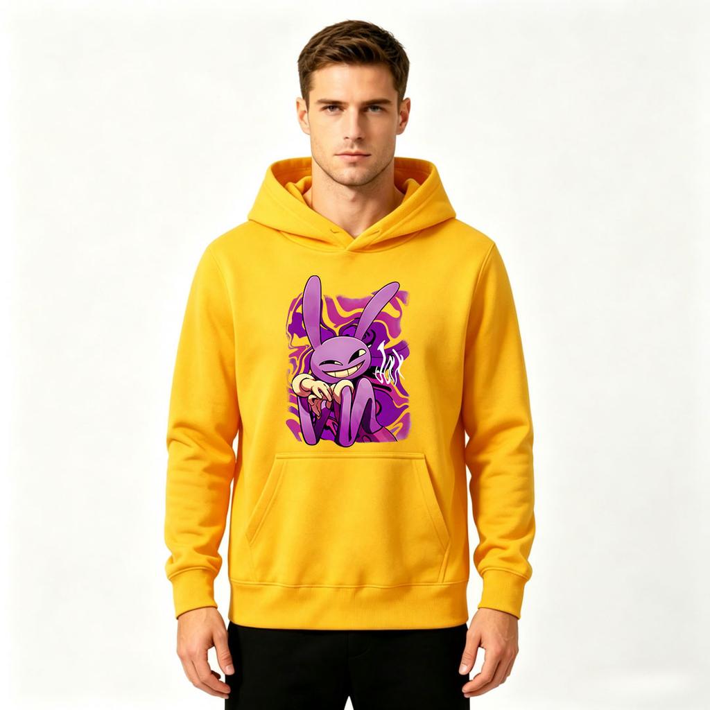 Men's Casual Pullover Hoodie, Funny Purple Bunny Cartoon Print Long Sleeve Sweatshirt for Daily Wear