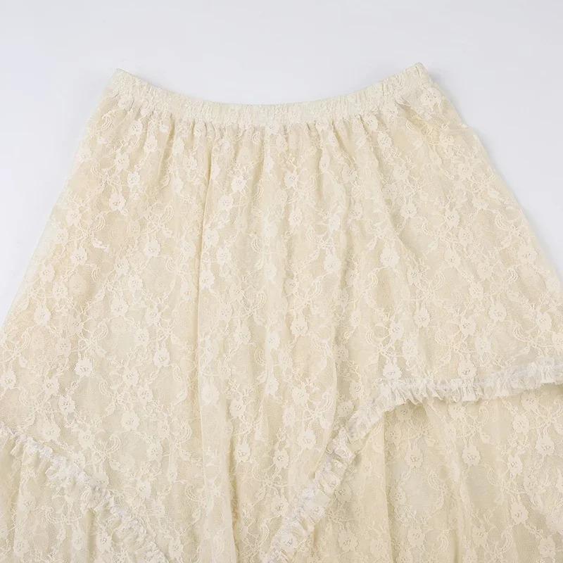 Weekeep Sexy Transparentní Nepravidelné Dlouhé Sukně Vintage Volány Patchwork Volná Krajka Midi sukně A-Line Dámské Y2k Letní dovolená