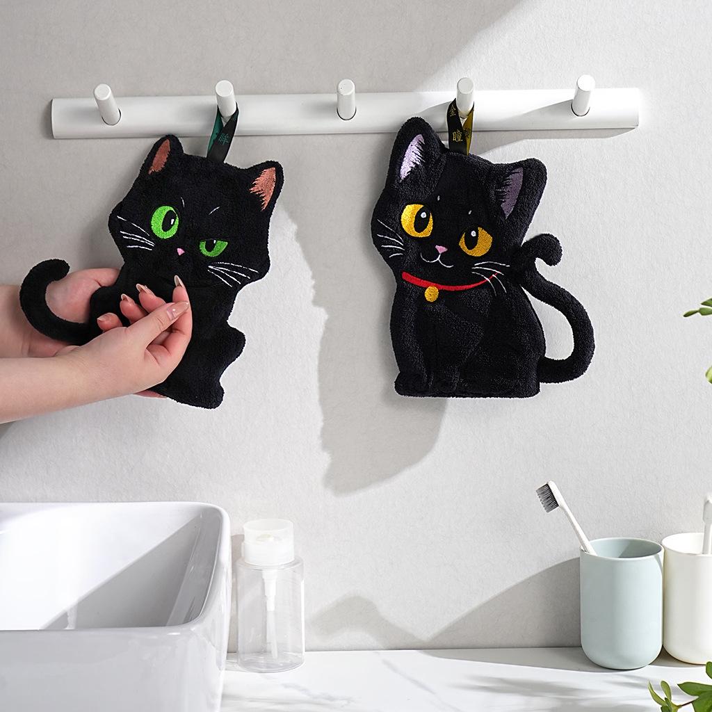 Black Cartoon Cat Hand Towel - Soft and Absorbent for Bathroom and Kitchen
