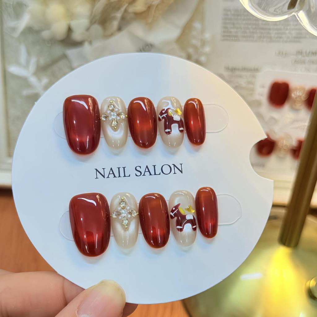 Instantly Rich Red Handmade Press-On Nails: Elegant Wedding & Festive New Year Nail Art for a Beautiful Complexion.