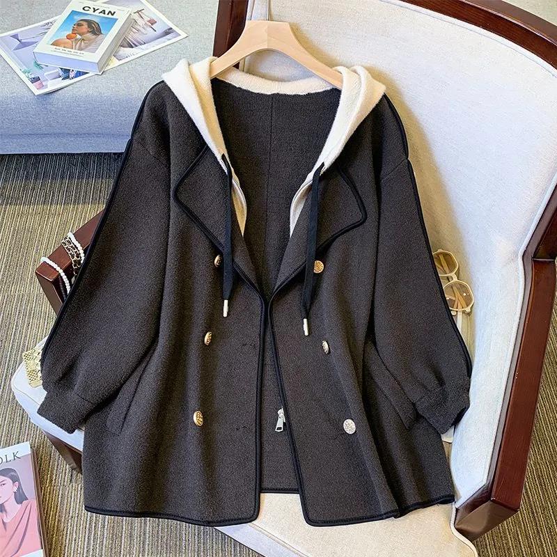 Jaqueta Tweed com Capuz de Manga Longa Outono e Inverno Feminina Primavera Casual Temperamento Confortável Casaco de Tweed