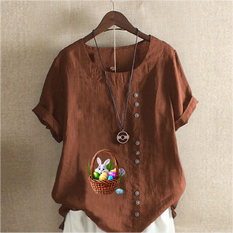 Women's Fashion Round Neck Short Sleeve T-shirt Casual Cotton Linen Graphic Shirt Leisure Loose Rabbit Prined Summer Blouse Tops