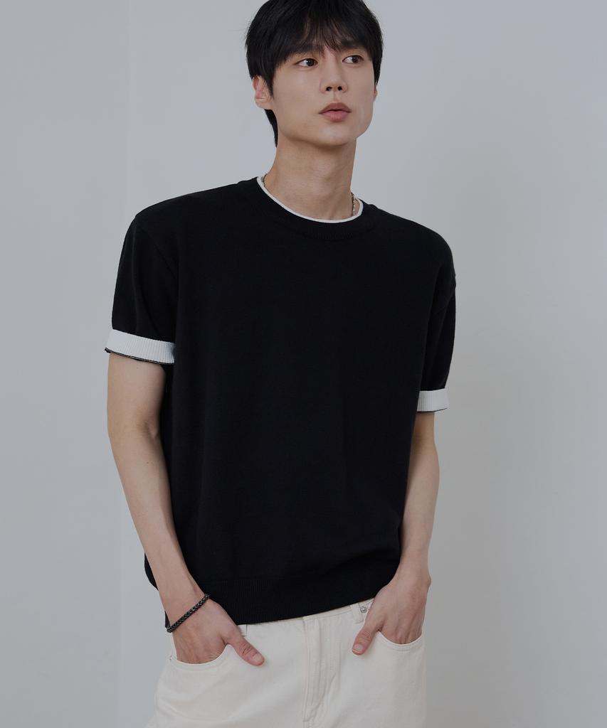 NODU Layered Color Block Round Cropped Half Knit [Black]