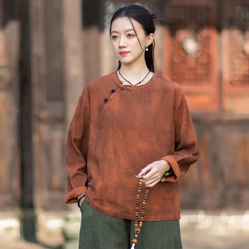 Johnature Dames Vintage T-shirts Lente Chinese Stijl Tie-dye T-shirts Ronde Hals Lange Mouw Dames T-shirts