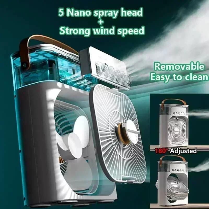 Ventilatore umidificatore portatile Condizionatori d'aria Ventilatore elettrico USB Luce notturna a LED Nebbia d'acqua Divertimento 3 in 1 Raffreddatore d'aria Umidificatore per la casa