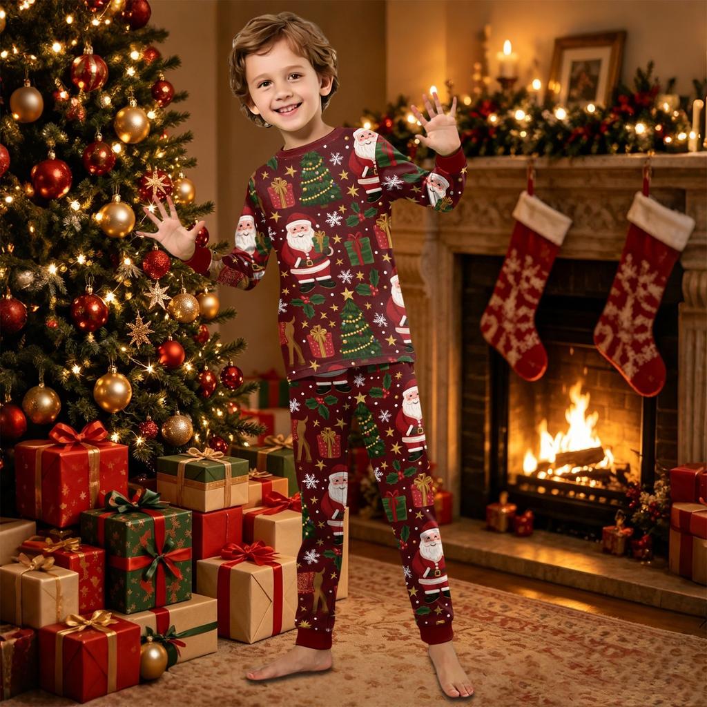 Christmas Printed Family Matching Long Sleeve Neck Loungewear Set for Parents and Kids