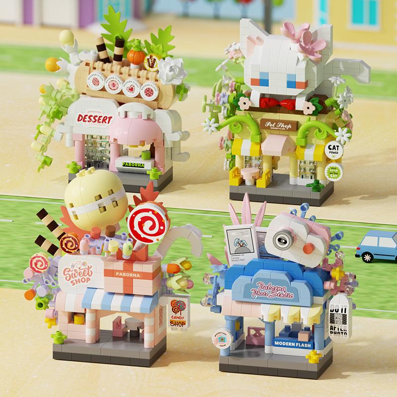 Mini Street View Kaffee Fotostudio Haustier Brot Dessert Blume Hamburger Kleine Läden Stadt Bausteine Für Kinder Spielzeug Geschenke