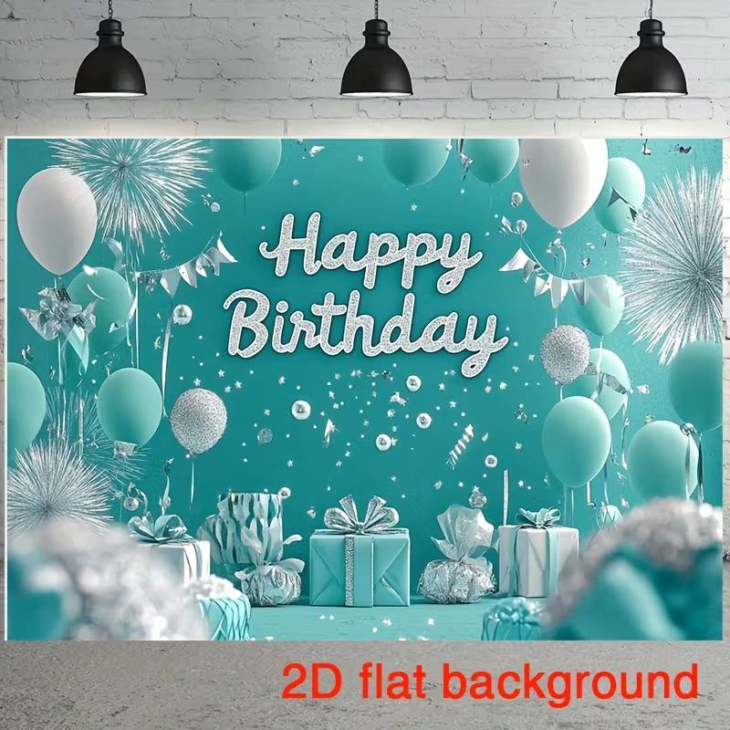 2D Flat Birthday Party Backdrop Turquoise Silver Balloon Photo Background for Outdoor Indoor Use