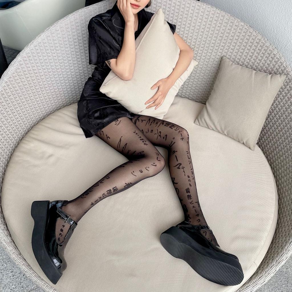 Spring Japanese Stockings Letters Dark Sexy Thin Black Silk JK Stockings Printing Trend Ins Thin Letter Pantyhose Lolita Tights