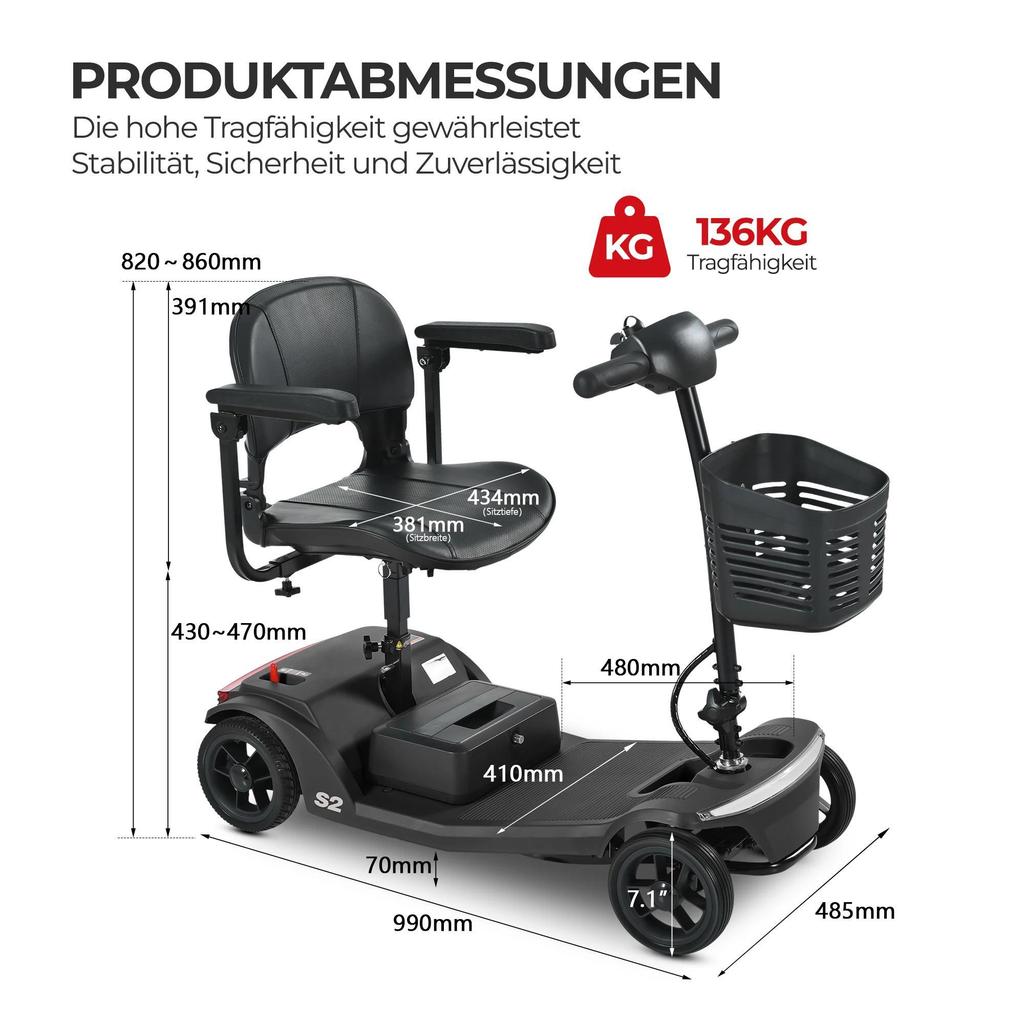 Sweetrich S2 250W 24V 12Ah Batterie Amovible Pneu 7.5 * 2.0 Scooter Électrique à Quatre Roues pour Personnes Âgées Équipé d'un Siège Pivotant Capacité de Charge 136kg