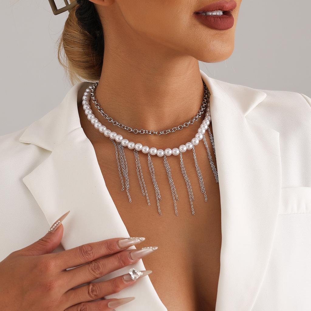 Jewelry Imitation Pearl Fringed Sweater Chain Design Sense Double-Layer Retro Necklace Women'S Simple Necklace