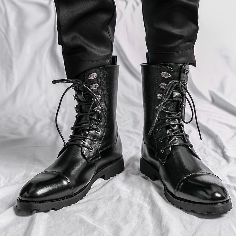 Men's Plus Size Lace-up Black Denim Motorcycle Boots - Autumn/Winter Fashion