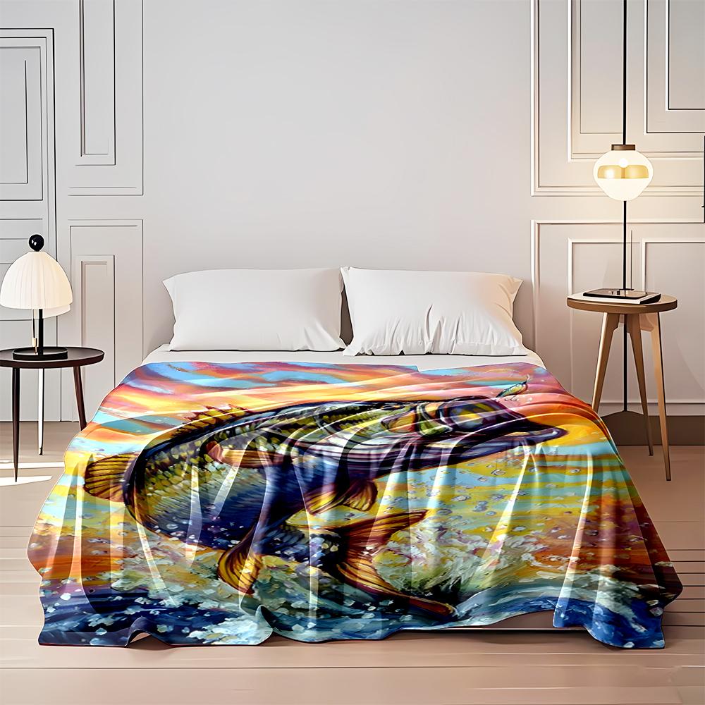 Colorful Jumping Bass Fish Art Blanket Flannel blanket for bedroom, living room, sofa, and nap sofas.