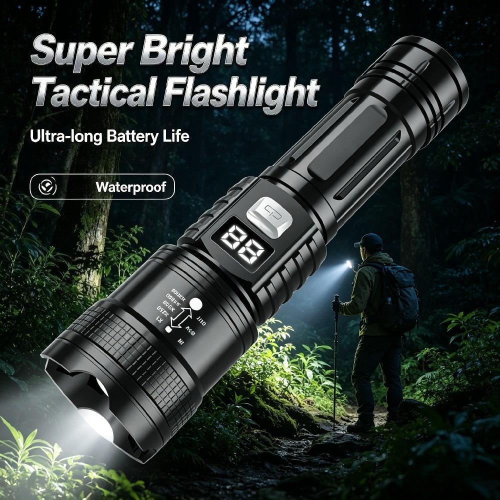 High Power Flashlight Zoomable Digital Display Outdoor Long Range Type C Rechargeable 3 Modes for Camping Hiking Emergency