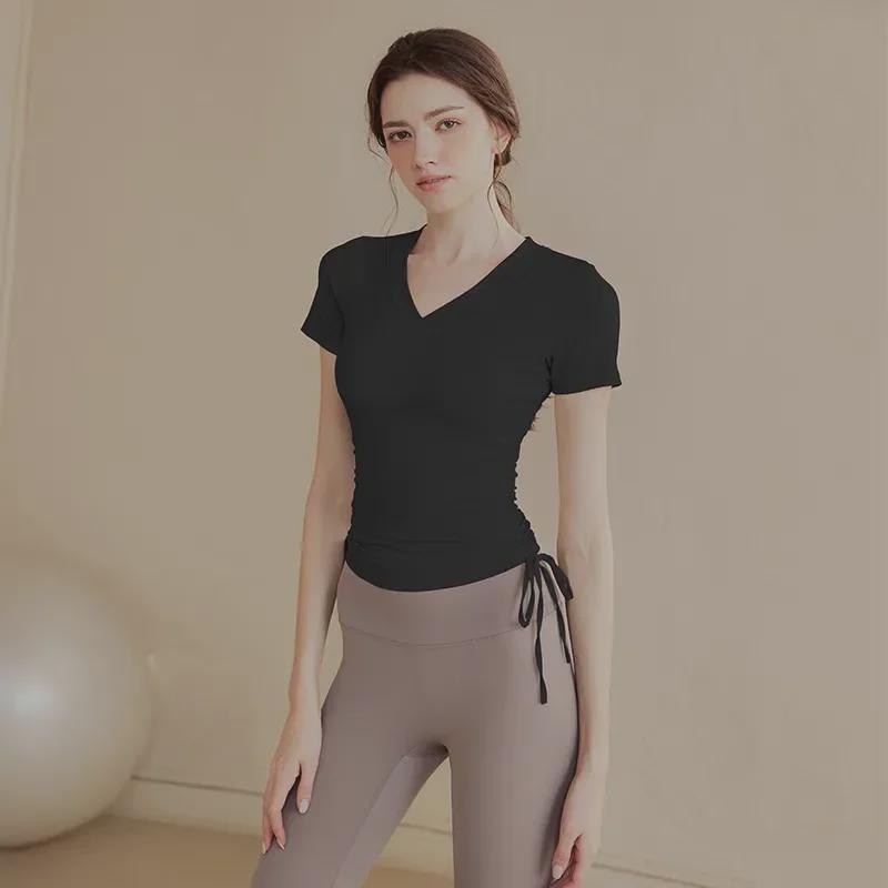 Women's Quick-Dry V-Neck Yoga and Pilates Short-Sleeve Slimming Tops for Spring/Summer Fitness and Running