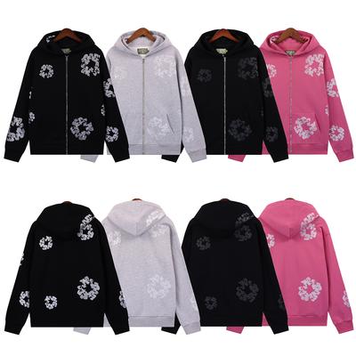 Unisex Rhinestone Katoen Krans Print Rits Hoodie, Casual Streetwear Oversized Hoody Jas, 4 Kleuren