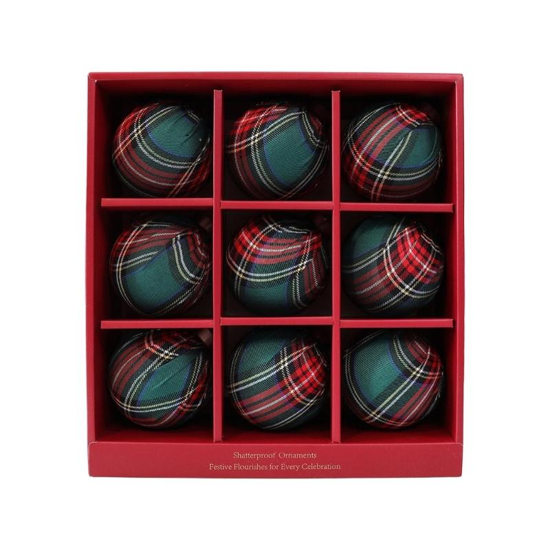 Stoffummantelte Weihnachtskugel-Ornament, 9 Stück karierte Kugeln Hängedekoration Set für Baumschmuck und Feiertagsdekorationen