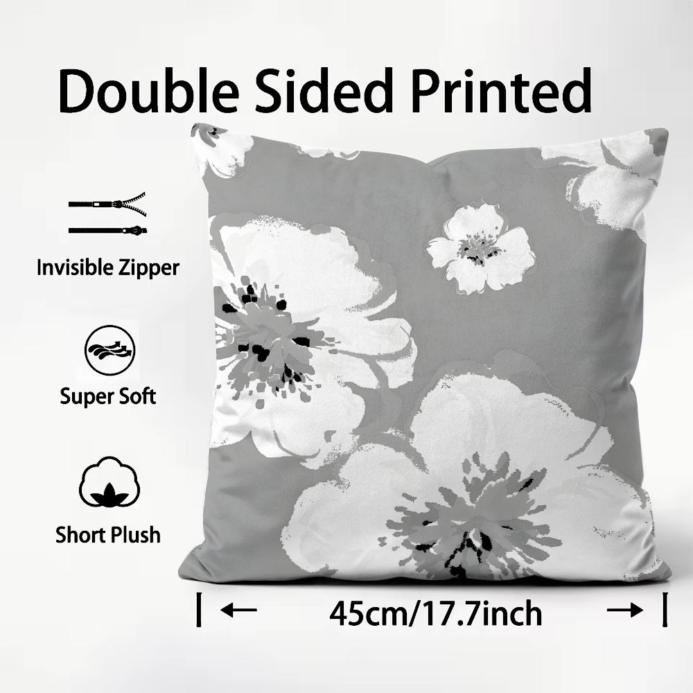 Gray Low White Flower Pattern Cushion Cover Plush Fabric Soft DoubleSided Printed Sofa Warm Winter Home Child Gift Pillow Case
