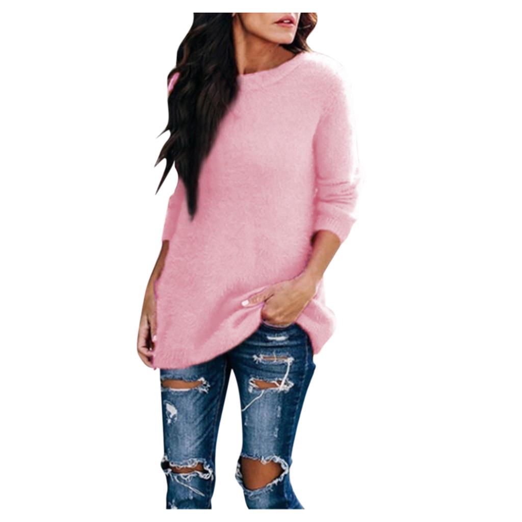 Frauen Damen Mode Winter Plüsch Solide Rundhals Langarm Pullover Bluse