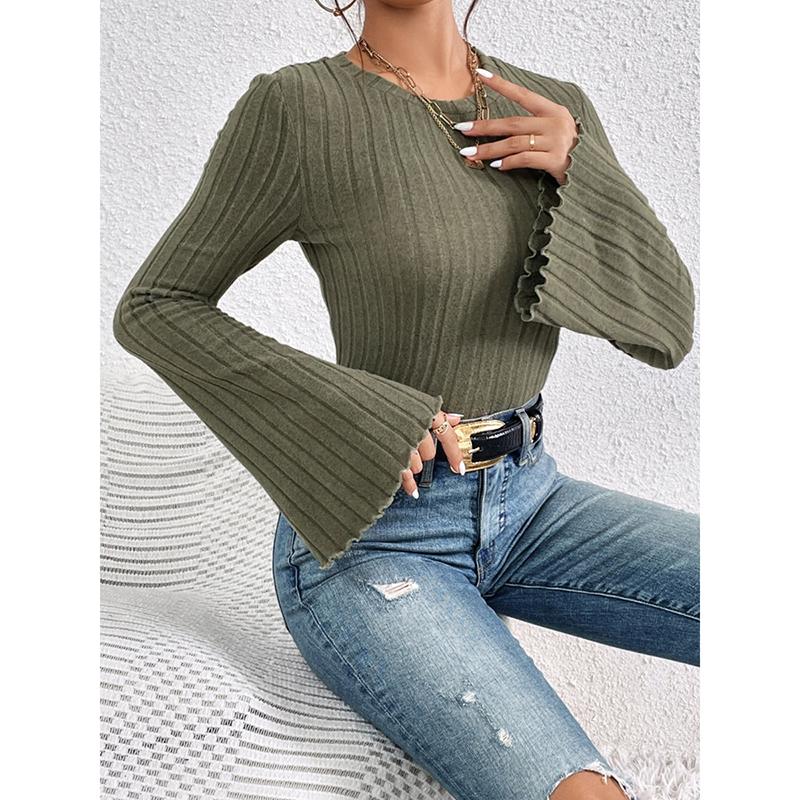 New Autumn Women's Clothing Solid Color Short Fashion Trumpet Sleeve Long Sleeved Round Neck Simple Casual Comfortable T-shirt